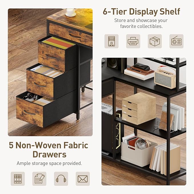 L Shaped Computer Desk with Drawers 53'' Gaming Desk with Storage Shelves Corner Computer Desk with Power Outlets &amp LED Light Home Office Desk with Monitor Stand and Pegboard Rustic Brown