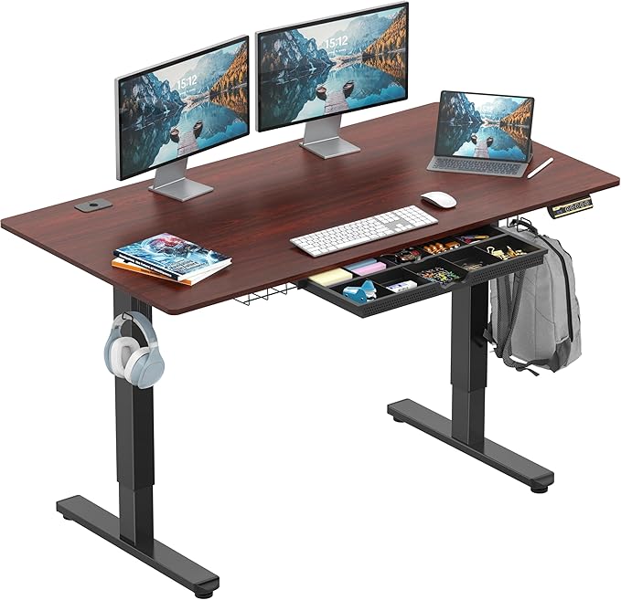 SHW 55 x 28 Inches Electric Height Adjustable Standing Desk with Drawer and Memory Preset Cherry