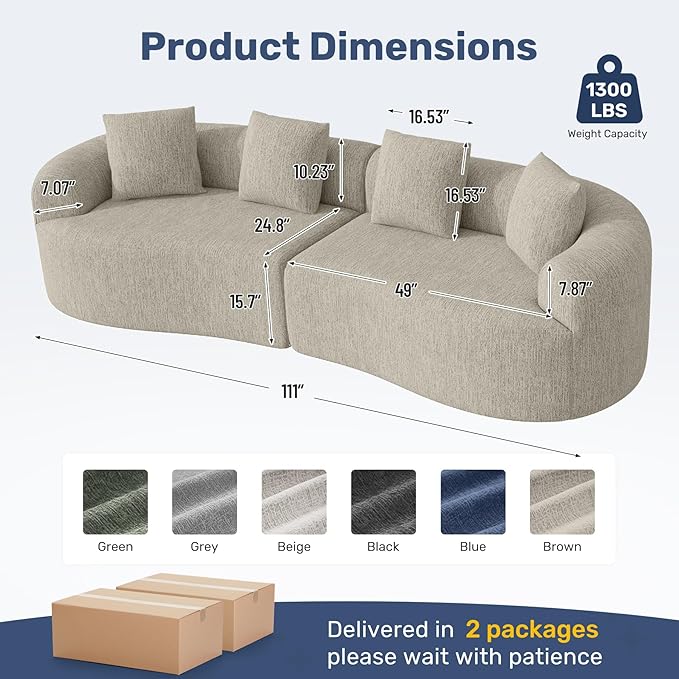 110” Modern Curved SofaOversized Couch for Living RoomCloud Couch with Boneless CouchsModular Sectional Sofa with Deep SeatNo Assembly RequiredBrown
