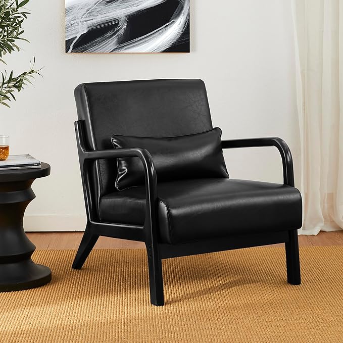 Glitzhome Accent Armchair with Walnut Ruberwood Frame Black PU Leather Lounge Chair for Living Room