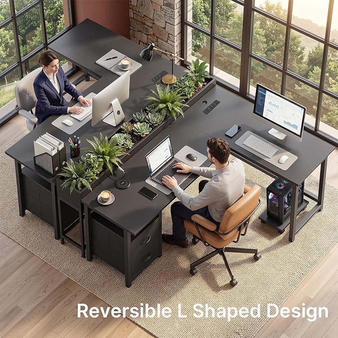 Gizoon 66 L Shaped Gaming Desk with Large Drawers Reversible Corner Desk with Power Outlets &amp Moveable CPU Stand Home Office Computer Desk Black