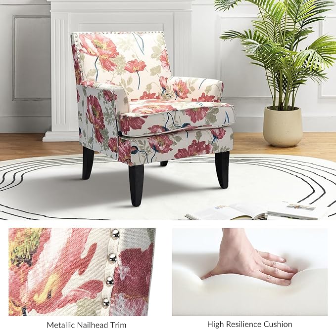 High Back Accent Arms Chair Modern Accent Chair with Wooden Legs Reading Chair with Padded Armrest and Comfortable Cushioned Seat for Living Room Bedroom