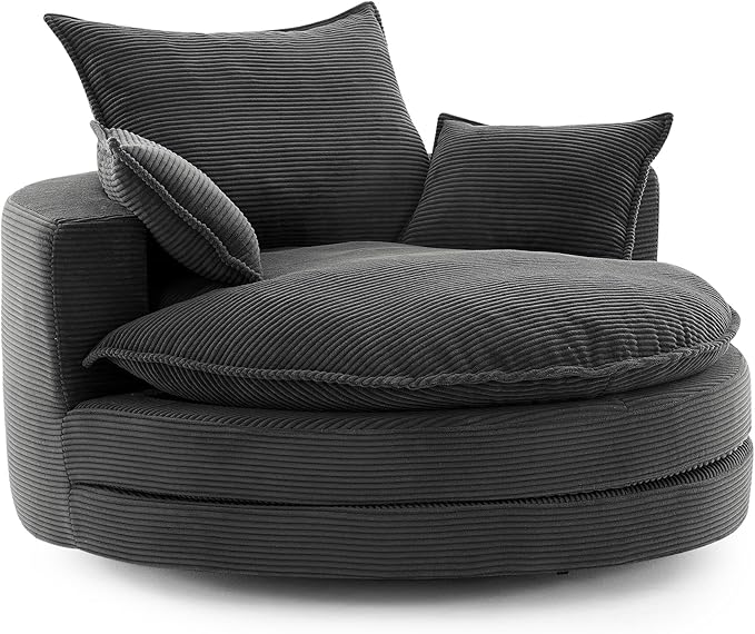360° Swivel Sofa Chair with Dual-Layer Cushion Design 57.5 Swivel Round Accent Barrel Chair with 3 Removable Pillows for Living Room Office and Hotel (Black//261)