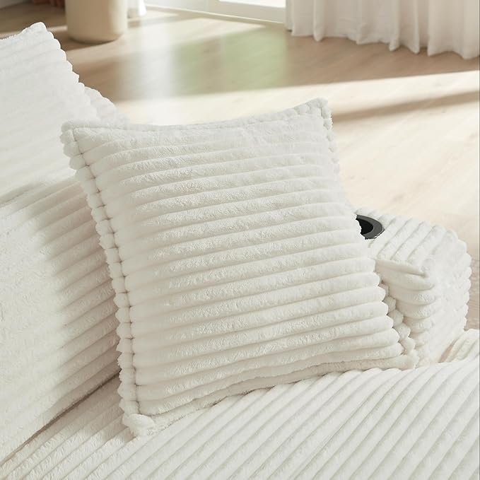 67.72 Inch Corduroy Chaise Lounge Chair Indoor No Assembly Upholstered Sofa Bed with Throw Pillows &amp Cup Holder for Living Room BedroomWhite