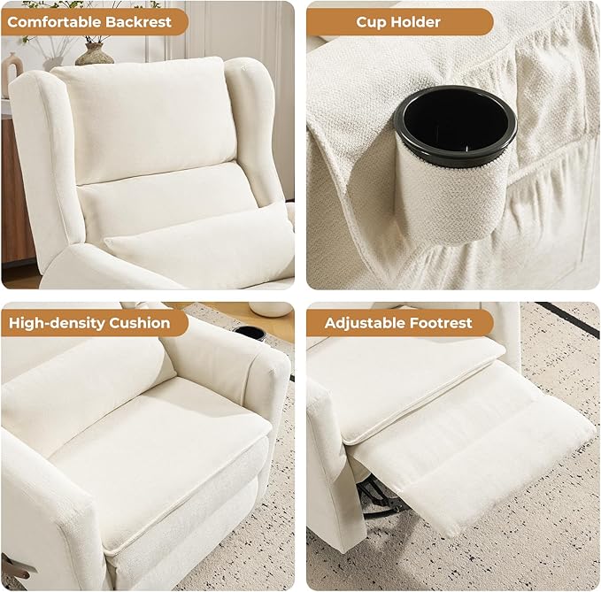 Swivel Rocker Recliner for AdultsGlider Rocking Chair with Adjustable HeadrestRocking Recliner Chair for NurseryManual Recliner Chair with Double CushionChenilleWhite