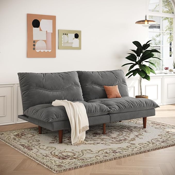 LLappuil Futon Sofa Bed 69 inch Futon Couch with Adjustable Backrest Corduroy Convertible Sleeper Sofa Bed Folding Sleeper Recliner Loveseat for Apartment Living Room Office (Grey)