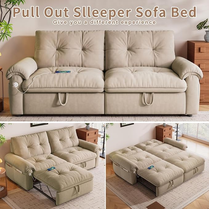 77.2'' Multifunctional Loveseat Sleeper Sofa Couch with Pull-Out Bed 3-in-1 Modern Velvet Convertible Sofa Bed with USB and Side Pockets Easy Assembly Living Room Apartment Brown