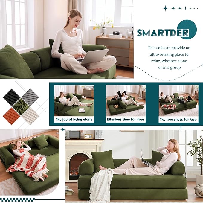 Convertible Folding Sofa Bed Modular Floor Sofa with Removable Backrest 3-Seater Fold Out Couch Bed with Pillows King Size Futon Lazy Couch Corduroy Sleeper for Living Room Dorm Green