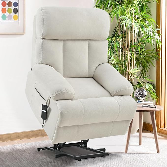 cinkehome Small Power Lift Recliner Chair for Elderly Electric Lift Chairs Easy Remote Wide Footrest Side Pockets Soft Snowflake Fleece Beige