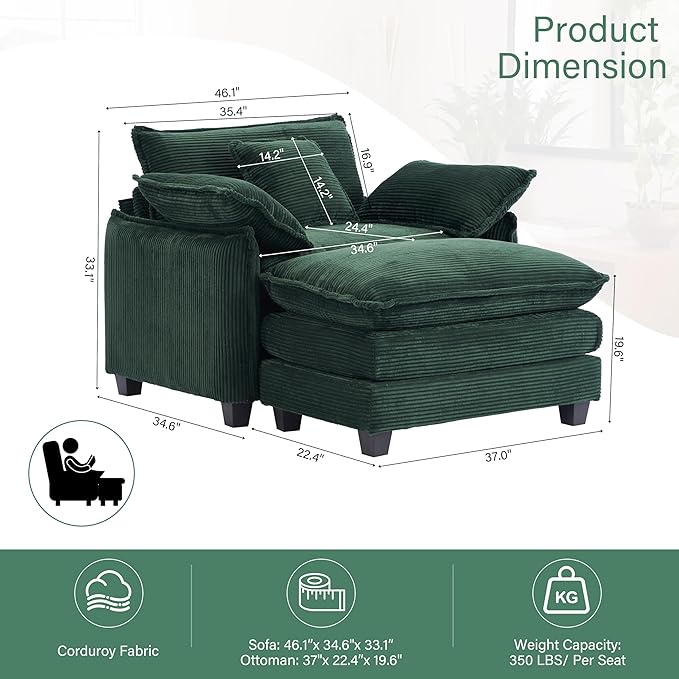 46 W Oversized Chair with Ottoman - Comfy Accent Chair and Ottoman Set Single Corduroy Large Armchair with Extra Thick and Deep Seat Modern Cloud Chaise Lounge for Living Room(Green)