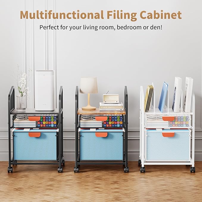 Marbrasse Rolling File Cart with Adjustable Dividers Mobile File Cabinet on Lockable Wheels Office Filing Cabinet Organizer Hanging File Folder Organizer for Home Office - Black