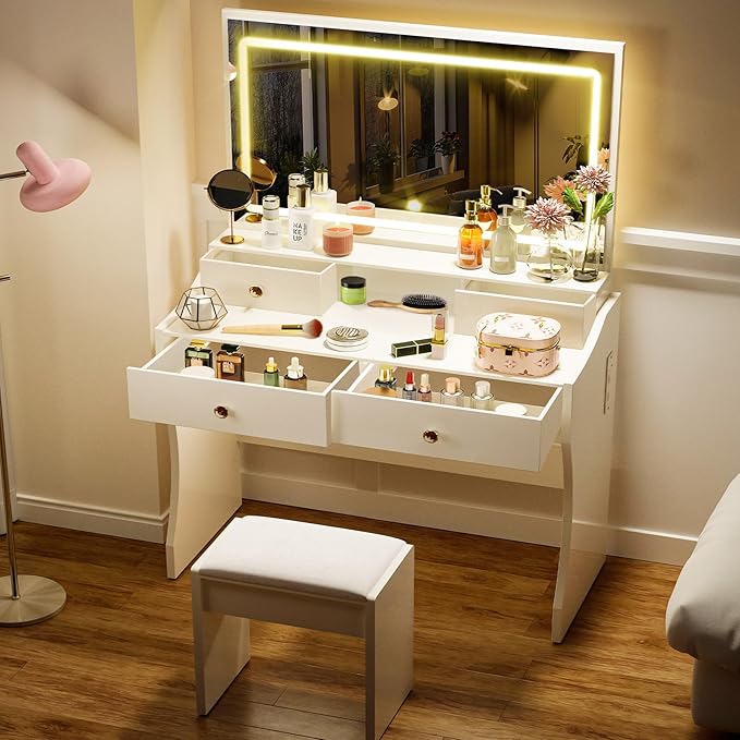 COMHOMA Makeup Vanity Desk with Mirror and Lights Vanity Table and Chair Set with 4 Drawers &amp Charging Station Bedroom Dressing Table Stepless Dimmable &amp 3 Color Modes Adjustable White