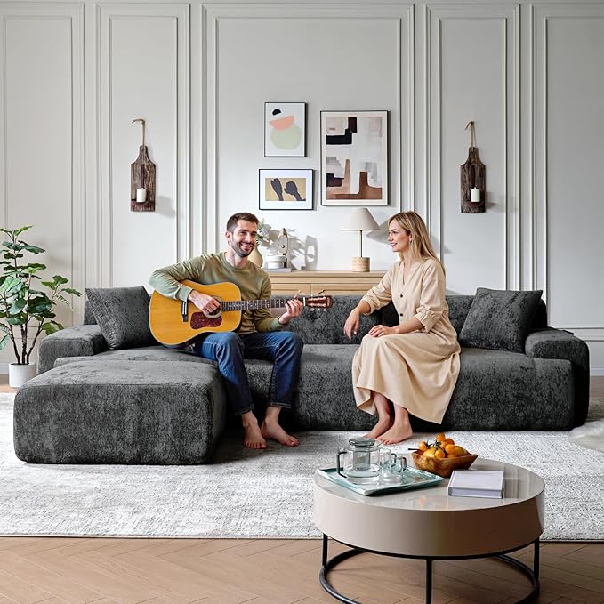 118 Modern L-Shaped Modular Sectional Sofa Oversized 3-Seater Couch with Deep Seat and Movable Ottoman Chenille Yarn Grey Cloud Sofa Couch for Living Room No Assembly