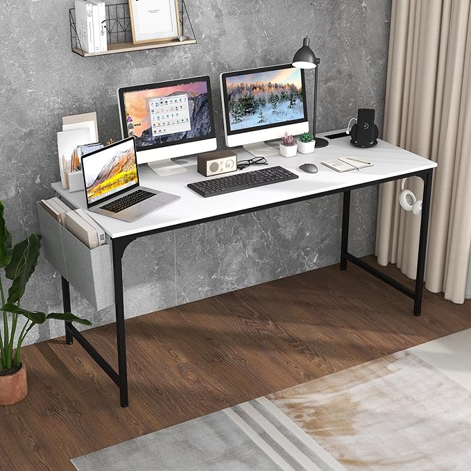 Giantex 60 Inch Computer Desk with Charging Station Home Office Writing Desk with Storage Bag &amp Headphone Hook Large Gaming Table PC Workstation Modern Simple Laptop Desk for Bedroom Study