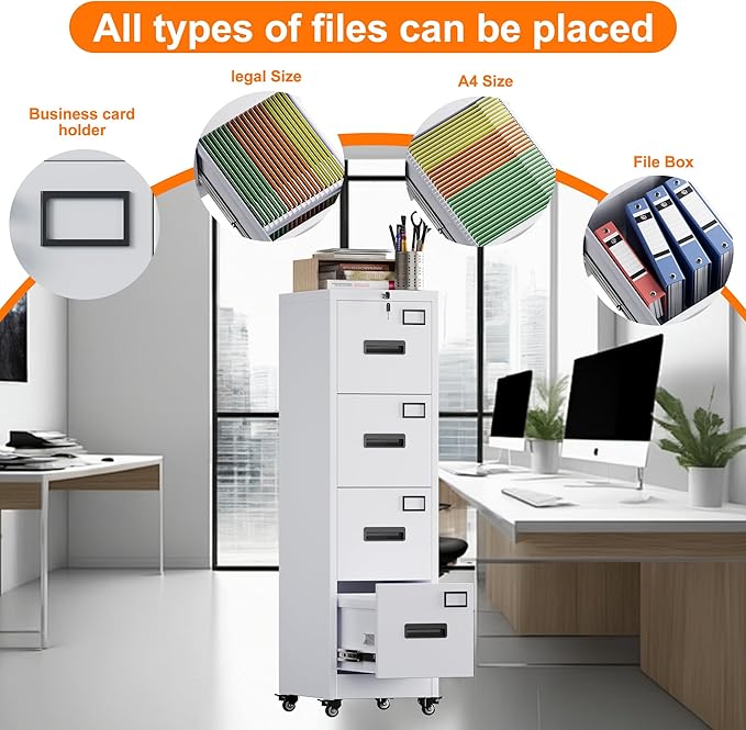 METAN 4 Drawer File Cabinet on Wheels Lockable Metal Filing Cabinet with Handle and Name Card for Office HomeAssembly RequiredWhite