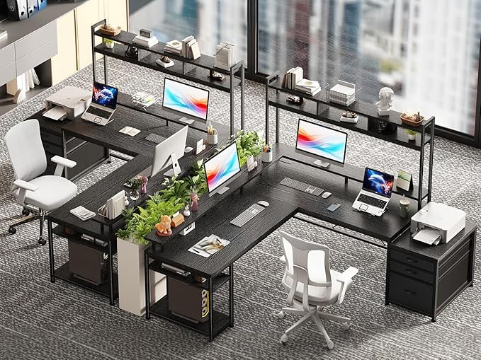 EnHomee 64 x 60 Inches L Shaped Desk with Hutch and Drawers Gaming Desk with Power Outlet &amp Monitor Stand &amp LED Lights Computer Corner Desk Two Person Office Desk for Living Gaming Room B