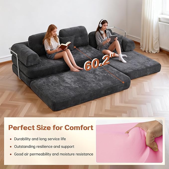104 Oversized Convertible Sleeper Sofa Bed Chenille L Shape Sectional Couch Folding Sofa Bed with Fixed-Shape Frame Modern Cloud Floor Mattress Couch Modular Sofa for Living Room Dark Grey
