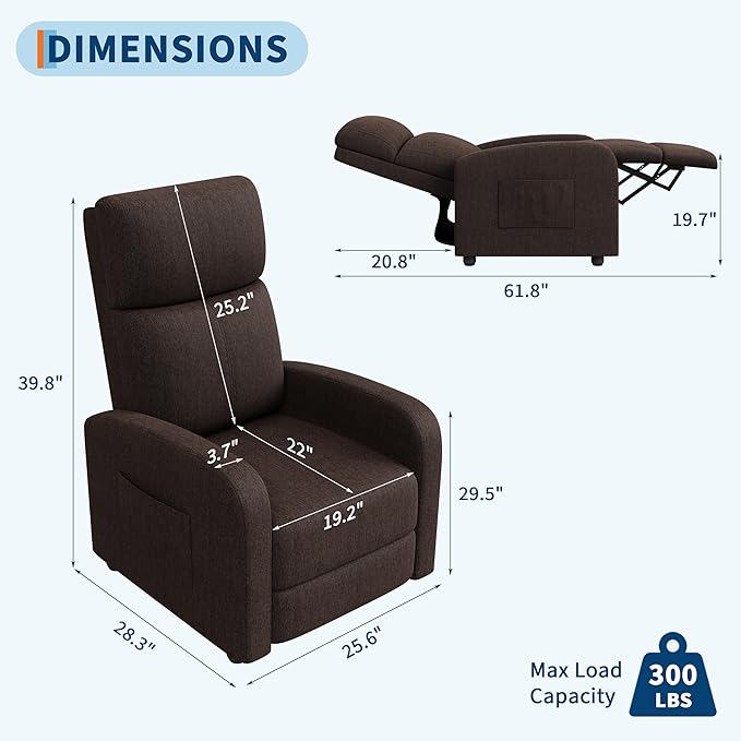 Manual Recliner Chair for Adults Lazy Recliner Linen Fabric Ergonomic Single Sofa with Side Pocket Adjustable Push Back Wide Arms &amp Padded Seat Lounge Chair for Living Room Home Theater Brown
