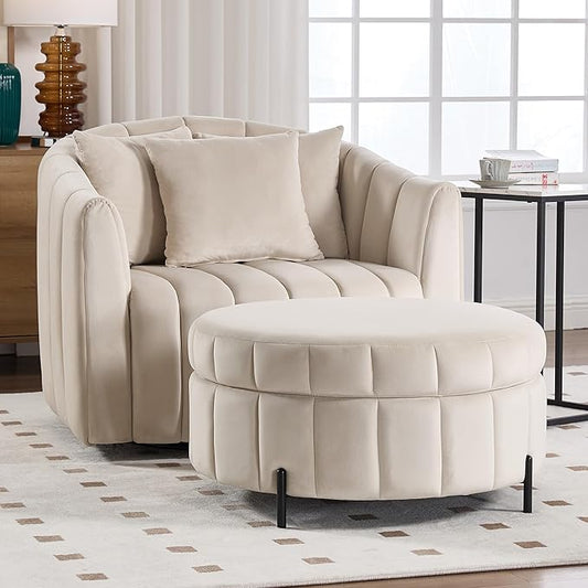 Chifee &amp Vingol 40.35 W Swivel Accent Barrel Chair with Ottoman Velvet Round Barrel Chair with 3 Pillows 360 Degree Swivel Armchair for Living Room Bedroom Beige