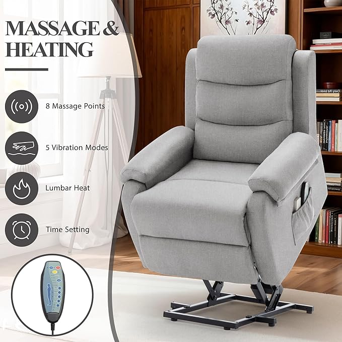 Power Lift Recliner Chair with Massage and Heat for Elderly Electric Lift Chair for Adults Small Recliner for Living Room Reading Room Recliner Saves Your Favorite Position Lightgrey