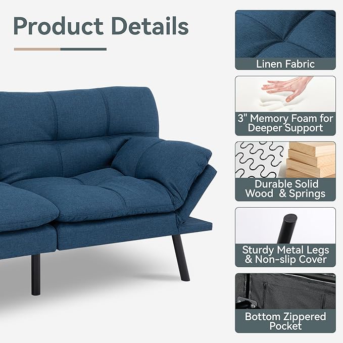 Futon Sofa Bed Convertible Couch Blue Linen Sofa Bed with Memory Foam Adjustable Backrest &amp Armrests Multifunctional Small Loveseat Sleeper Sofa for Living Room Apartment Office