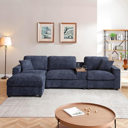 Oversized L-Shaped Modular Sectional Sofa with Storage Armrest Reversible Couch with Movable Ottoman USB Ports Cup Holders 360°Swivel Tray Comfy Cloud Cushions for Living Room or Apartment Blue