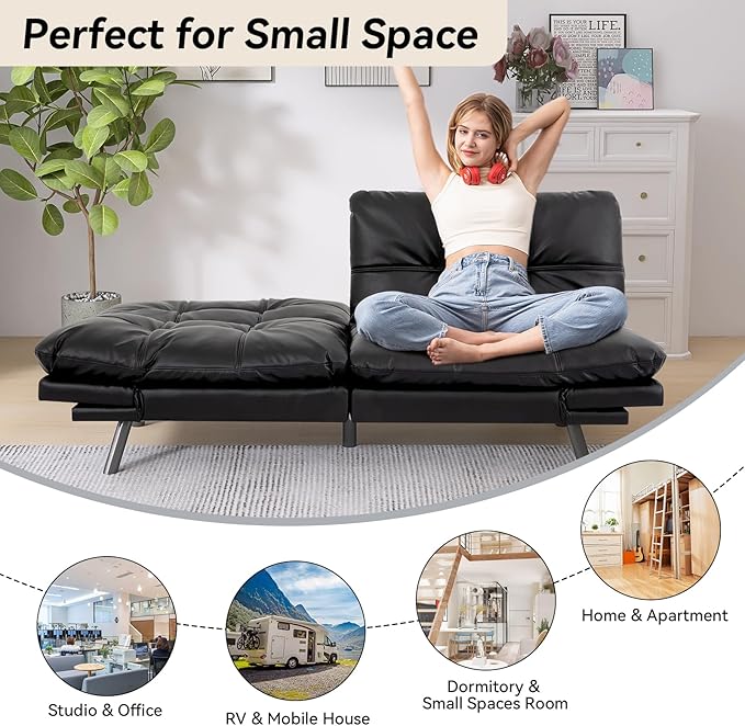 Hcore Convertible Futon Sofa Bed CouchMemory Foam Futon Couch BedLoveseat Sleeper Sofa BedSmall Splitback Faux Leather Modern Sofa Couch for Living RoomOfficeApartmentMatte Black