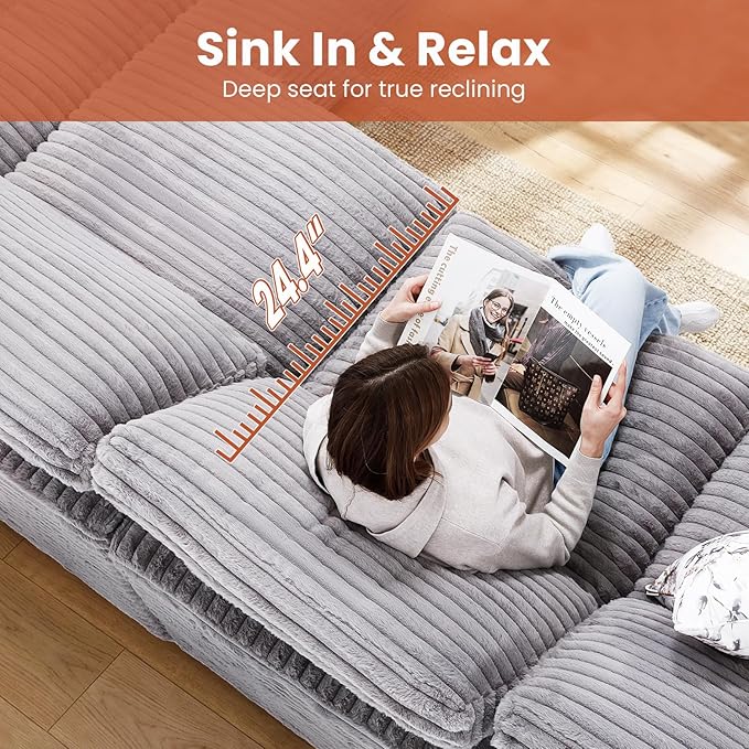 KKL 85 Sectional Modular Boneless Sofa Bed 4 Seater Cloud Couch with Ottoman Corduroy Sectional Couches for Living Room Bedroom Grey