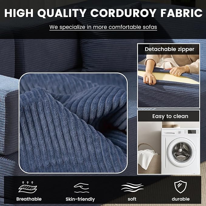 Convertible Sleeper Sofa Bed Corduroy Upholstered Green Modular Floor Couch Queen/King Size Foldable Futon with Memory Foam for Apartment Living Room Bedroom (Off White) (Blue 80.15) | Convertible s