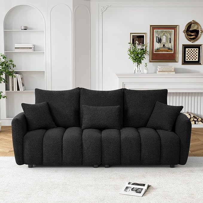 OUYESSIR Boucle Sofa Cloud Couch 80.2 Modern Comfy Teddy Sofa Deep Seat Futon Couch with Pillows Soft Upholstered 3 Seater Sofa Oversized Loveseat Sofas for Living Room Apartment Black