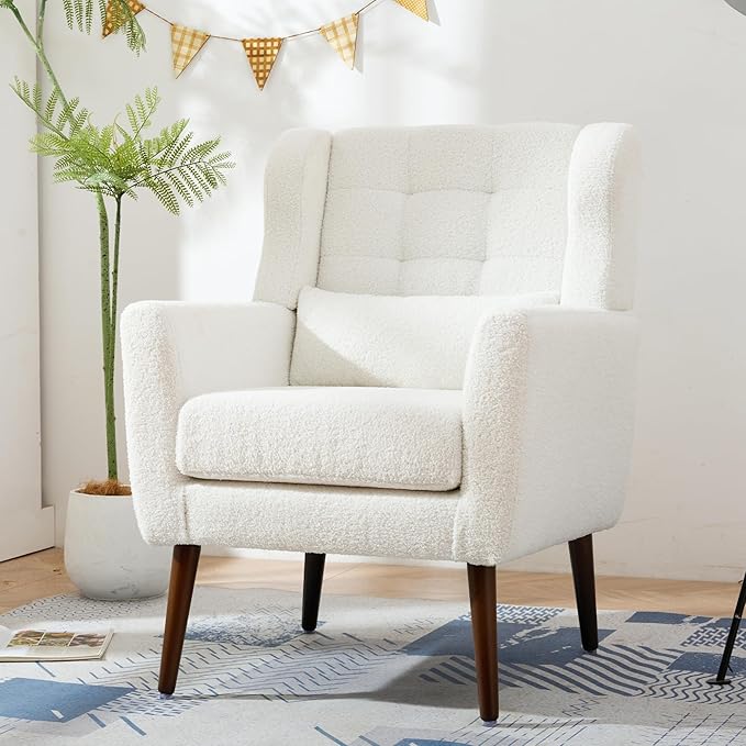 Accent Chair Set of 2 Upholstered Armchair with Pillow Teddy Single Sofa with Lounge Seat and Wood Legs for Living Room Small Spaces