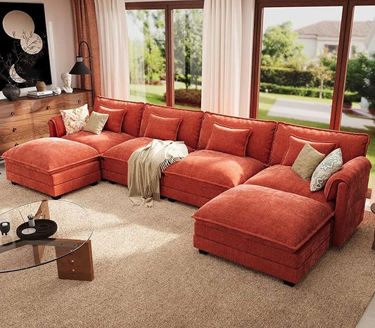 ELUCHANG 150 U Shaped Sectional Couch Comfy Cloud Modular Sectional Sofa with Movable Ottoman 6-Seat Deep Seat Modern Cloud Sofa Couches for Living Room Bedroom and Apartment Chenille Orange