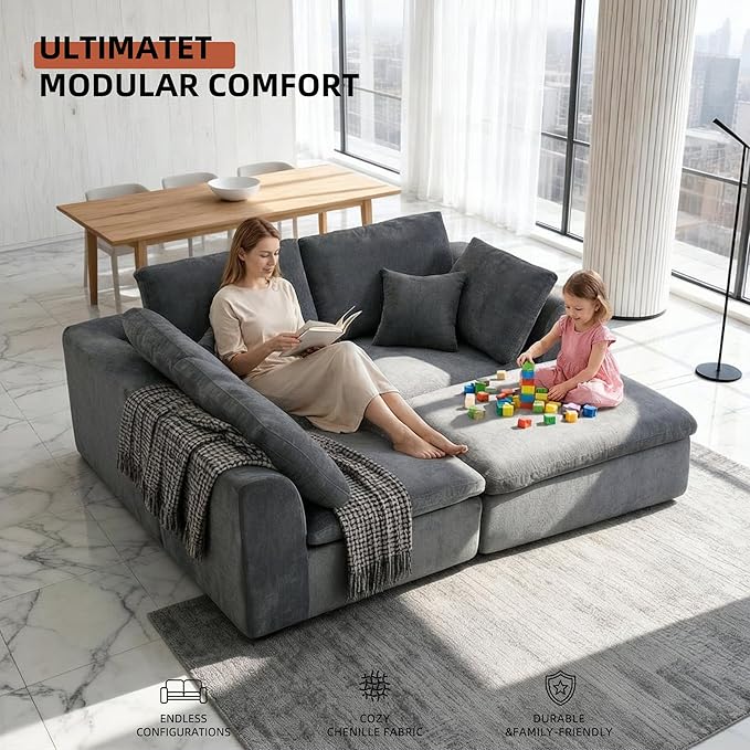 Boneless Couch with Ottoman 110 L-Shaped Cloud Sectional Sofa Modular Convertible Cloud Couch for Living Room Deep Seat Chenille Set (Dark Gray 3 Seater + 1 Ottoman)