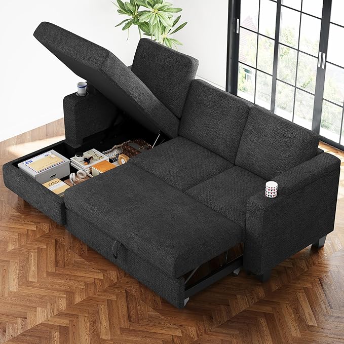 Belffin Sleeper Sofa Bed Pull Out Couch L Shaped Couch with Storage Left-Facing Chaise Modular Sectional Sofa. Dark Grey