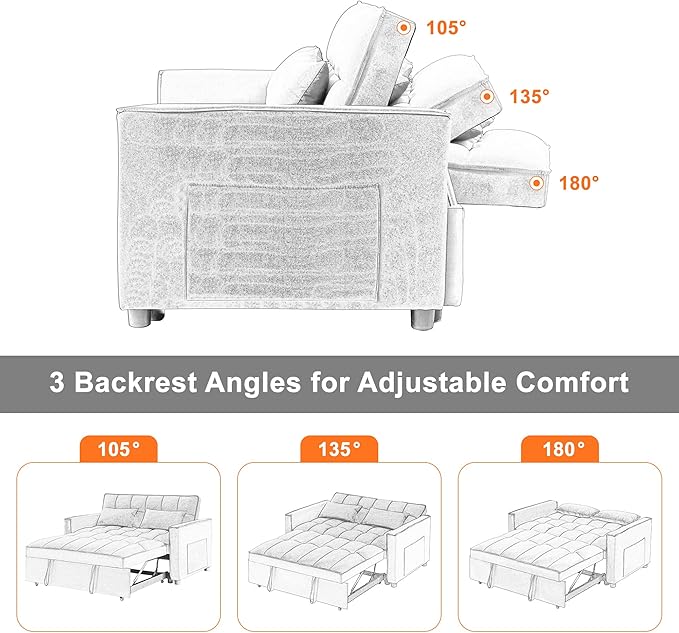 3 in 1 Convertible Sleeper Sofa BedFuton Pull Out Couch with Adjustable BackrestVelvet Fabric Loveseat Sofa with Side Pocket for Bedroom Living Room