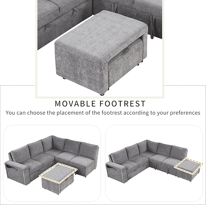 Convertible Sleeper Sectional Sofa with Pull-Out Bed and Storage Space &amp Ottoman Armrest w/USB Ports &amp Cup Holders Corner 6 Person L-Shape Modular Couch for Living Room Apartment (Grey)