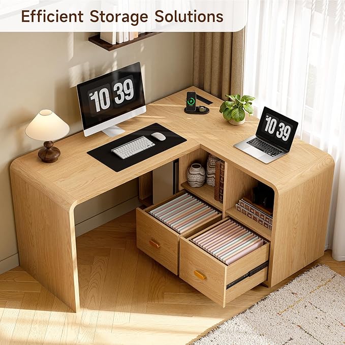 ONBRILL 58 Executive L Shaped Desk Home Office Desk with File Drawers Computer Desk with Power Outlets and Storage Shelves Corner Computer for Home Office (Natural Oak)