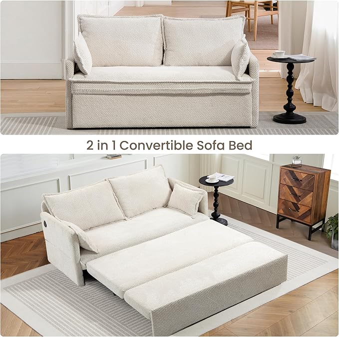 SUNWAVE 60 Pull Out Sofa Bed - Convertible Sleeper Sofa Bed Corduroy Pull Out Couch Bed with USB Charging Side Pockets for Living Room Bedroom Small Spaces (Cream 60)