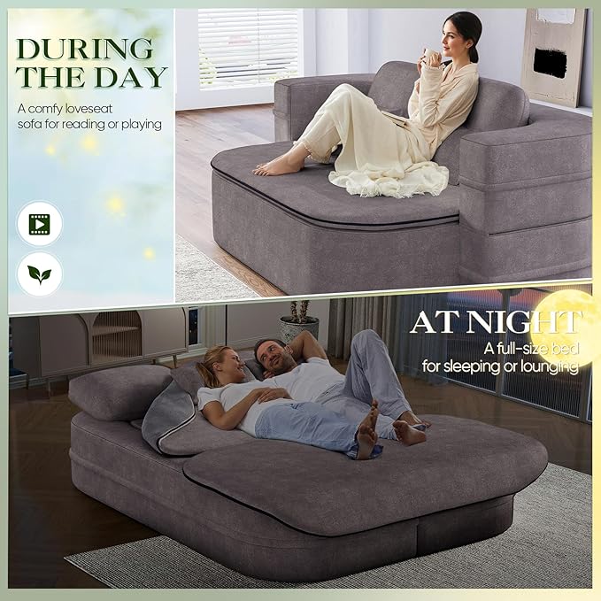 Antetek Convertible Sleeper Sofa Modern Folding Futon Chenille Floor Foam Compression Loveseat Sofa Bed Couch Foldable Full Size Guest Bed with 4 Pillows for Living Room Bedroom Apartment Grey