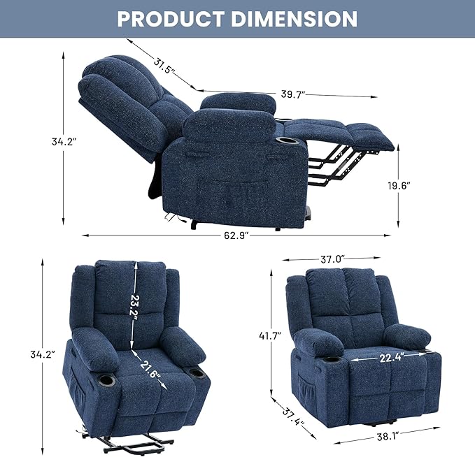 Oversized Power Lift Recliner Chair for Elderly with Vibration Massage and Lumbar Heating150°Adjustable Lay Flat Lift Chair Electric Recliner ChairsStand Assist for Living RoomDark Blue