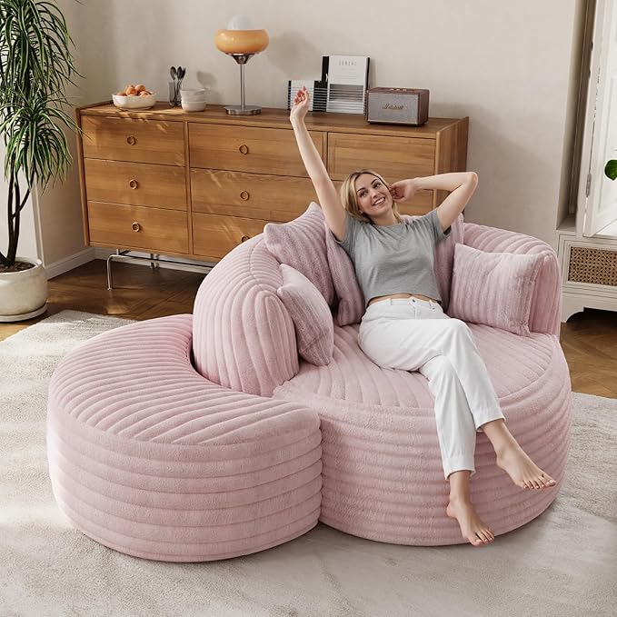 50 Oversized Chaise Lounge Indoor Round Reading Chair Lounge Chair with Ottoman Boneless Sofa Bed Large Fluffy Plush Corduroy Chaise Chair for Living Room Playroom Bedroom Pink