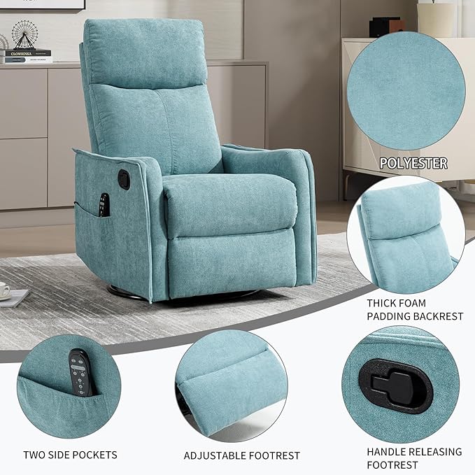 Rocking Recliner Chair with Heat and Massage 360° Swivel Glider Rocker with Reclining Backrest and Footrest Modern Nursery Rocking Chairs for Adults for Bedroom Living Room Office (Blue-Green)