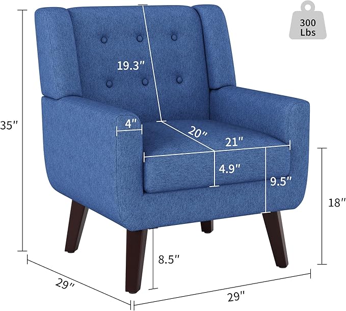Accent Chairs Mid-Century Modern Upholstered Living Room Armchair Comfy Oversized Linen Fabric Single Reading Arm Chair with Tufted Back and Wood Legs for Bedroom Club (1 Navy)
