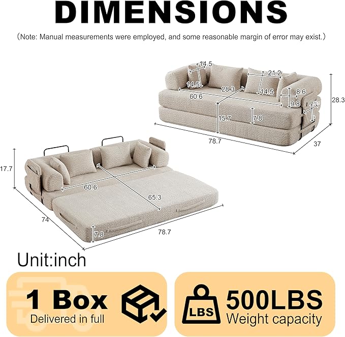 4-in-1 Folding Convertible Floor Sofa Bed 78 Oversized Compression Sofa No Assembly Required King Futon Lazy Couch Corduroy Loveseat Sleeper with Pull Out Bed Modular Futon Couch (Khaki &amp Styl