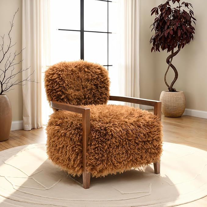 Modern Luxury Reading Chair with Wooden HandrailComfortable Faux Fur Side Chair Accent Chair for ApartmentLiving RoomOfficeStudyCamel+Brown