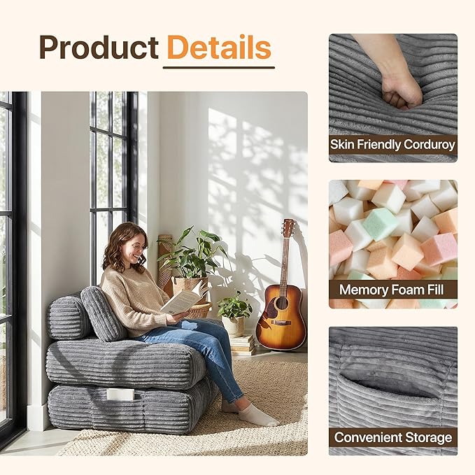Boneless Chair Folding Sofa Bed with Pillow Sleeper Sofa with Back Support Sleeper Chair Portable Fold Out Chair Bed Comfy Foldable Mattress for Living Room Dark Grey Single