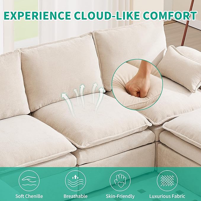 Large U-Shaped Sectional Couch Set - 6/7/8 Seater Oversized Cloud Sofa for Living Room Big Comfy Chenille Fabric Couches Extra Long Modular Sofa Bed Furniture (Beige 7-Seater Sofa)