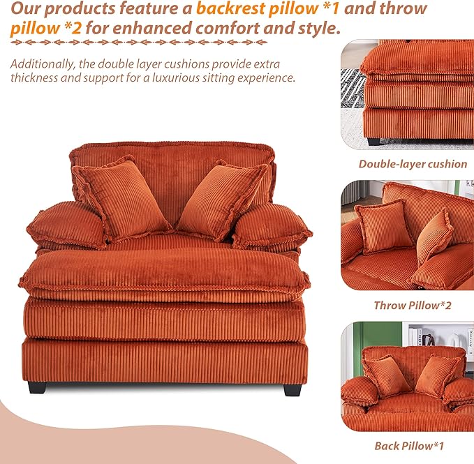 TTK Oversized Chaise Lounge Chair with Ottoman - 39.17 Wide Modern Sleeper Sofa for Living Room Bedroom &amp Office - Deep Seat Sectional Couch with Pillow Comfortable Reading ChairOrange
