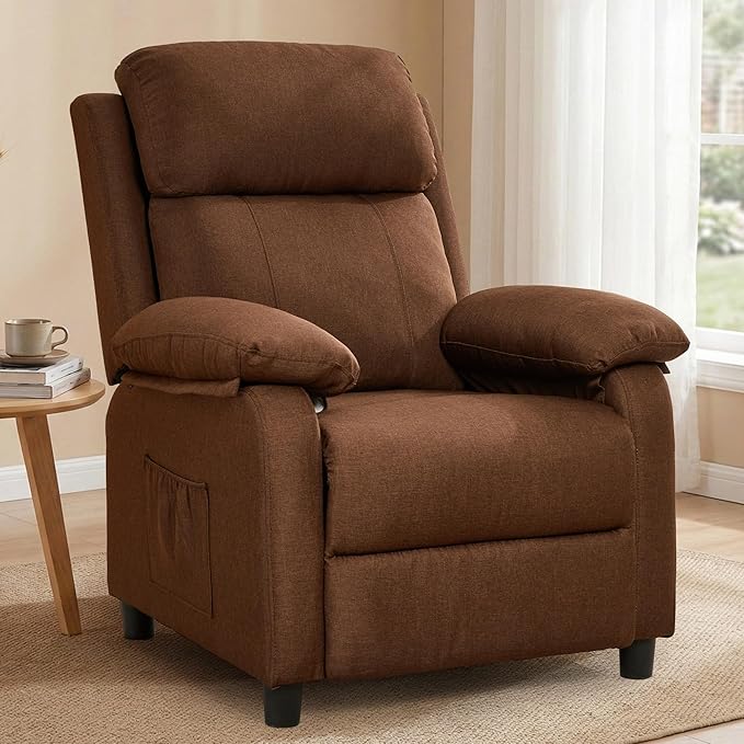 Recliner Chair Reading Chair for Adults with Side Pockets Recliners with Padded Deep Seat Small Recliners for Small Spaces Linen Fabric Comfy Chair for Bedroom Living Room and RV
