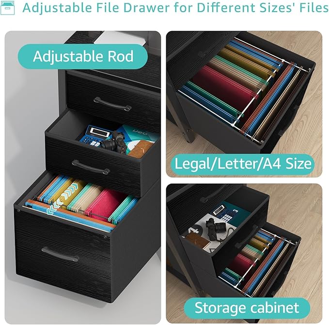 Lufeiya Computer Desk with Fabric File Drawers Cabinet 55 Inch Reversible Home Office Desks with Filing Cabinet Study Writing Table PC Desks with Storage for Bedroom Black